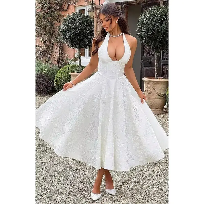 Halter Tea Length Prom Dresses 2025 Jacquard Satin Deep V-Neck A-Line Formal Evening Party Gowns Wedding Dresses for Bride
Halter Tea Length Prom Dresses 2025 Jacquard Satin Deep V-Neck A-Line Formal Evening Party Gowns Wedding Dresses for Bride