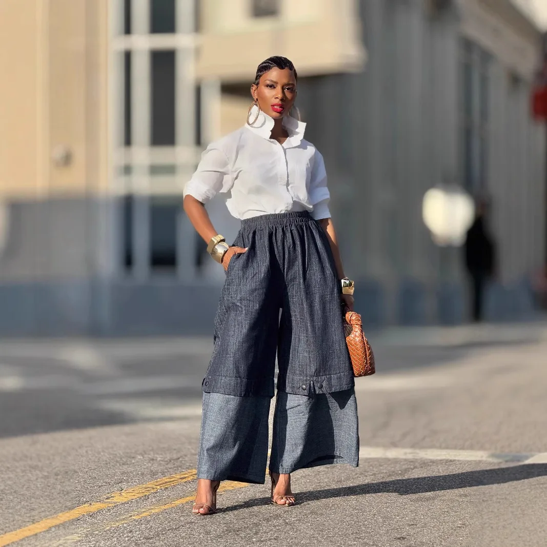 Women High Waist Patchwork Wide Leg Denim Trousers Jeans Retro Casual Elastic Waist High Street Pockets Loose Jeans 2025
Women High Waist Patchwork Wide Leg Denim Trousers Jeans Retro Casual Elastic Waist High Street Pockets Loose Jeans 2025