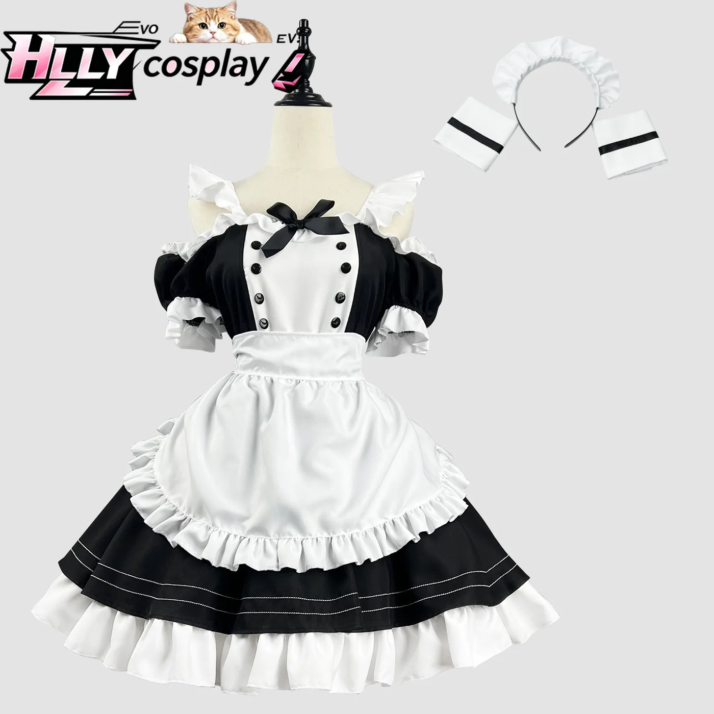 Women's Cute Black White Off Shoulder Maid Cosplay Costume Full Set - Sweet Japanese Lolita Style Dress Ruffled Trim Bow Detail
Women's Cute Black White Off Shoulder Maid Cosplay Costume Full Set - Sweet Japanese Lolita Style Dress Ruffled Trim Bow Detail