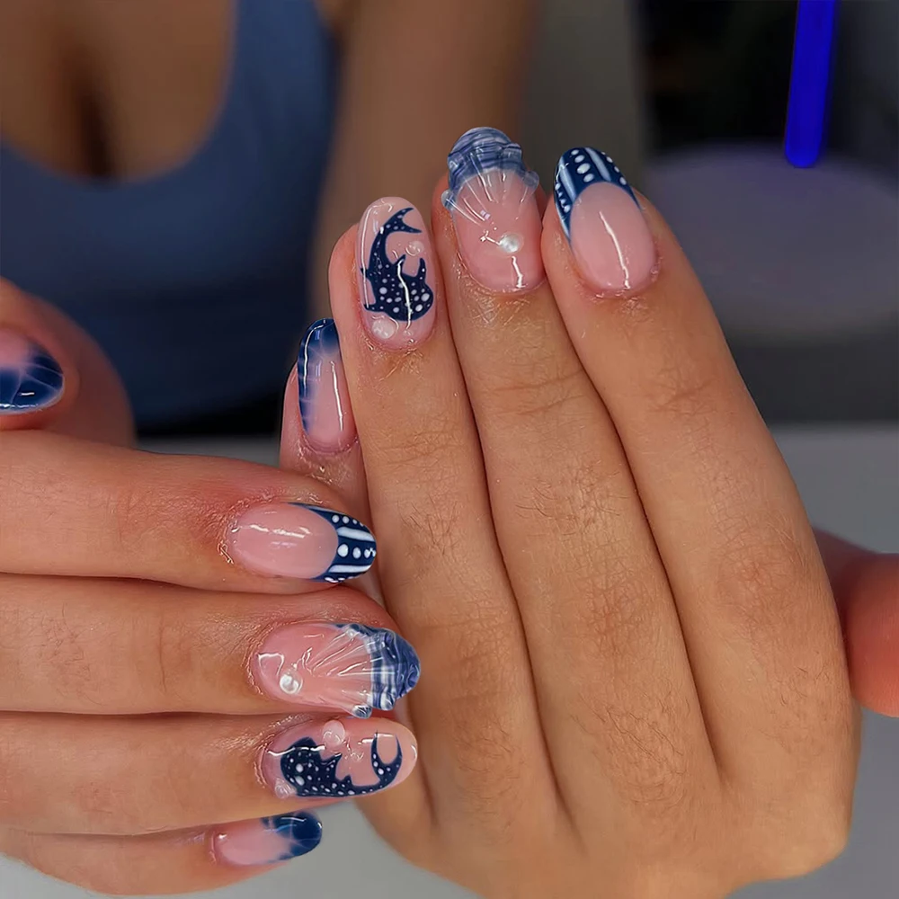 24pcs Almond 3d gel nails Whale pattern Decorate with Pearl blue French Tip Press On Nails ,Ocean style, summer nails, travel
24pcs Almond 3d gel nails Whale pattern Decorate with Pearl blue French Tip Press On Nails ,Ocean style, summer nails, travel
