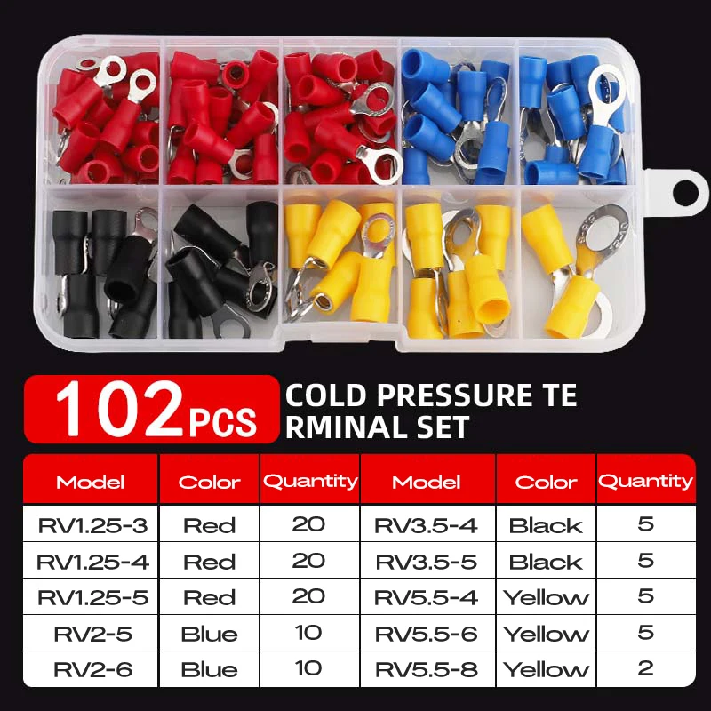 102 Pcs/Set of Disconnected Electrical O-Ring Crimping Terminal Connectors, Mixed with Insulated Wire Connectors for Maintenance
102 Pcs/Set of Disconnected Electrical O-Ring Crimping Terminal Connectors, Mixed with Insulated Wire Connectors for Maintenance