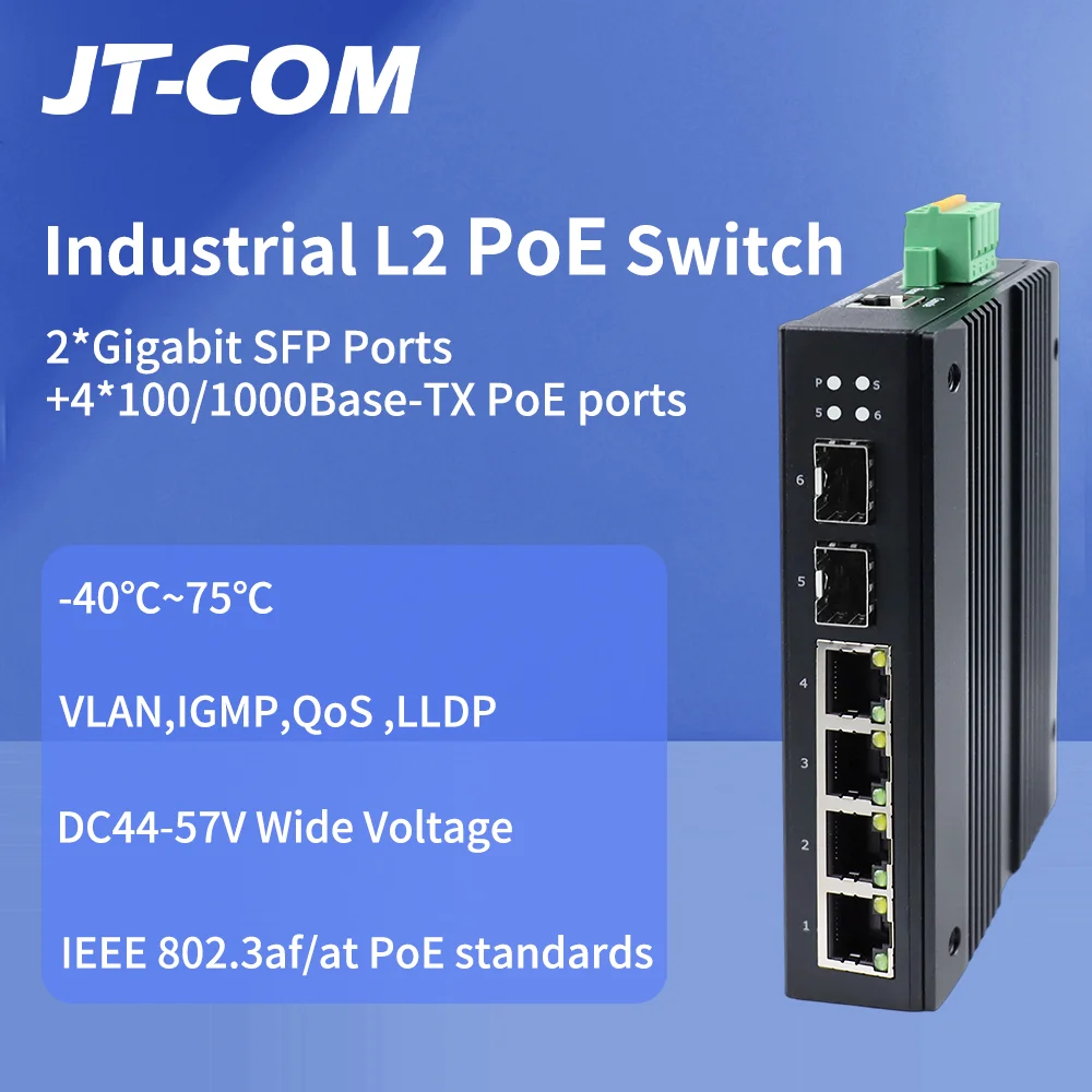 JT-COM Industrial PoE L2 Managed Switch 4/8 Port 10/100/1000Mbps + 2 Port Gigabit SFP Slots DIN-Rail IP40
JT-COM Industrial PoE L2 Managed Switch 4/8 Port 10/100/1000Mbps + 2 Port Gigabit SFP Slots DIN-Rail IP40