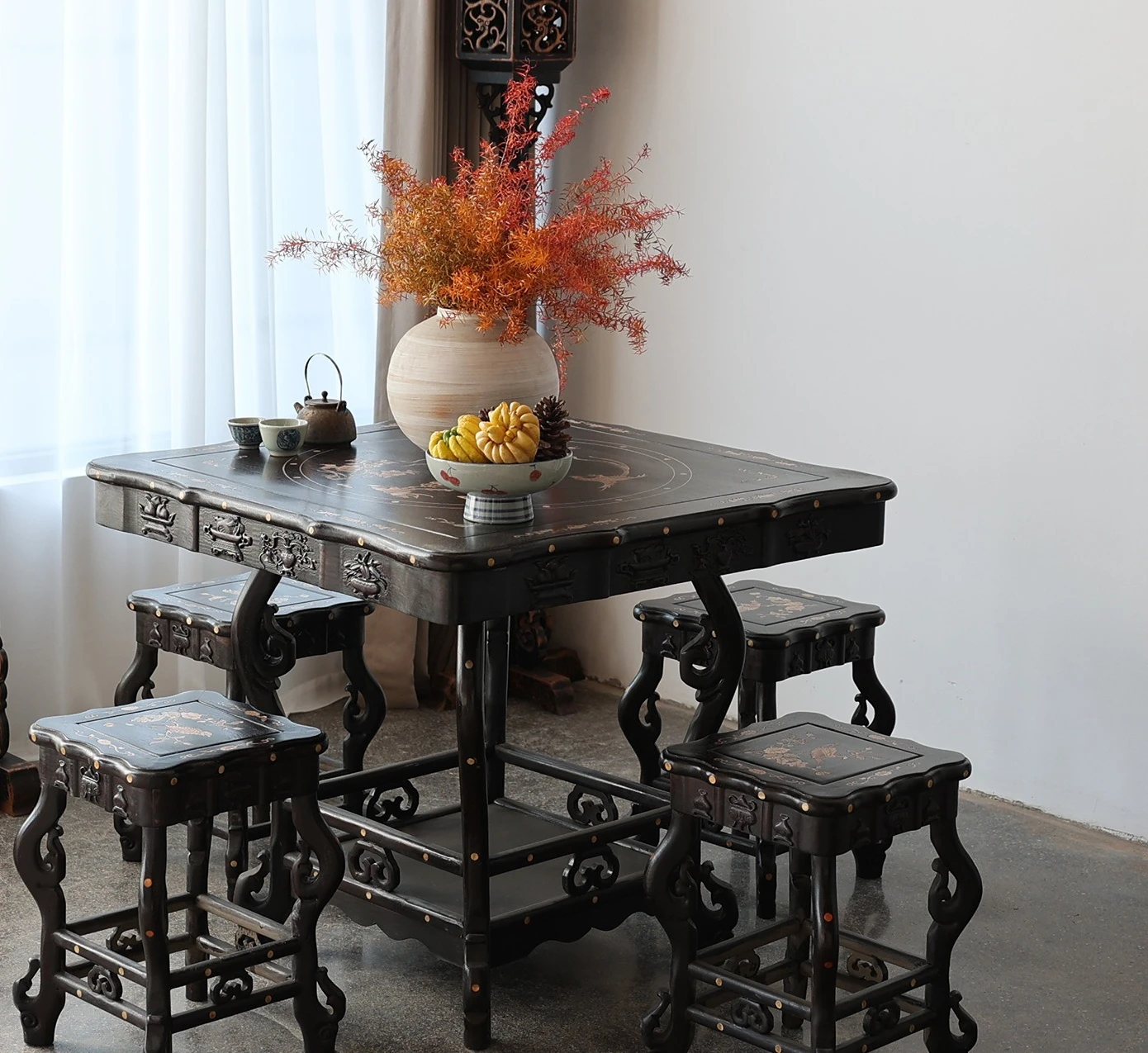 Square table black sandalwood inlaid solid wood dining table combination balcony tea table
Square table black sandalwood inlaid solid wood dining table combination balcony tea table