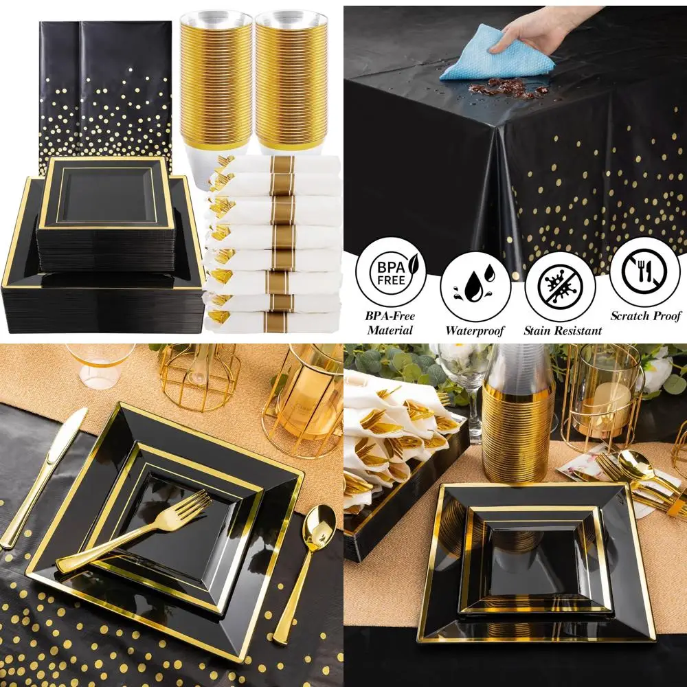 Набор черной столовой посуды для 50 гостей — 100 квадратных пластиковых тарелок с золотой отделкой для элегантного обеда
Набор черной столовой посуды для 50 гостей — 100 квадратных пластиковых тарелок с золотой отделкой для элегантного обеда