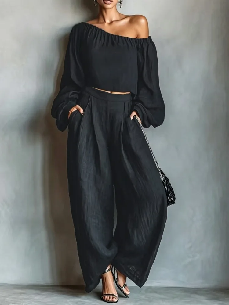 UOOZEE Women's Black 2 Piece Sets Solid Color One-shoulder Puff Sleeves Crop Tops & High Waist Wide Leg Pants Casual Daily Suits
UOOZEE Women's Black 2 Piece Sets Solid Color One-shoulder Puff Sleeves Crop Tops & High Waist Wide Leg Pants Casual Daily Suits
