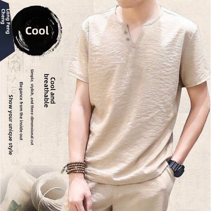 Summer Men's Ice Silk Linen Casual Shorts Set V-neck T-shirt Thin Simulated Linen Short Sleeve Five-Point Pants Men's Set
Summer Men's Ice Silk Linen Casual Shorts Set V-neck T-shirt Thin Simulated Linen Short Sleeve Five-Point Pants Men's Set
