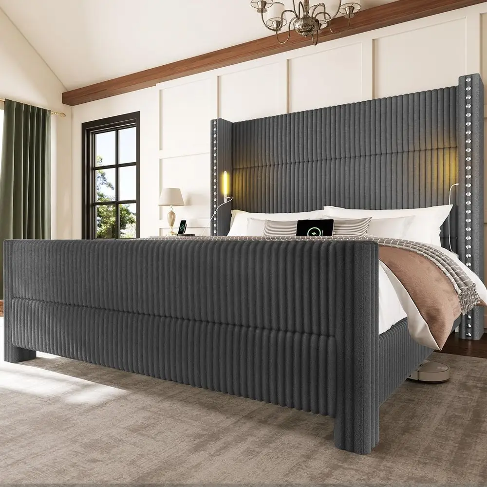 Bed Frame with 56.7 Tall Headboard amp Reading Lights, Corduroy holstered Wingback Platform Bed with Charging Station, Modern
Bed Frame with 56.7 Tall Headboard amp Reading Lights, Corduroy holstered Wingback Platform Bed with Charging Station, Modern