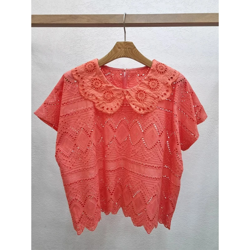 Korean Style Doll Collar Loose Hollow out Short Sleeve Shirt Women's Fashion Age Reduction Lace Trim Summer New Arrival
Korean Style Doll Collar Loose Hollow out Short Sleeve Shirt Women's Fashion Age Reduction Lace Trim Summer New Arrival