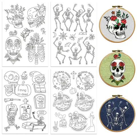 Halloween Skeleton Embroidery Kit - 4 Sheets with 39 Pre-Printed Patterns, Water-Soluble Backing & Adhesive for Hand Sewing
