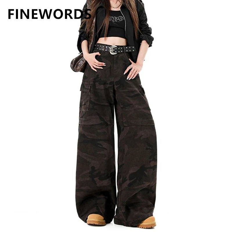 FINEWORDS Women's High Waisted Camo Cargo Denim Pants Vintage Streetwear Y2K Brown Camouflage Baggy Wide Leg Jeans with Pockets
FINEWORDS Women's High Waisted Camo Cargo Denim Pants Vintage Streetwear Y2K Brown Camouflage Baggy Wide Leg Jeans with Pockets