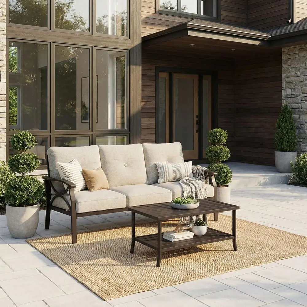 2-Piece Patio Conversation Set with 3-Seat Metal Sofa and Beige Cushions for Outdoor Backyard
2-Piece Patio Conversation Set with 3-Seat Metal Sofa and Beige Cushions for Outdoor Backyard