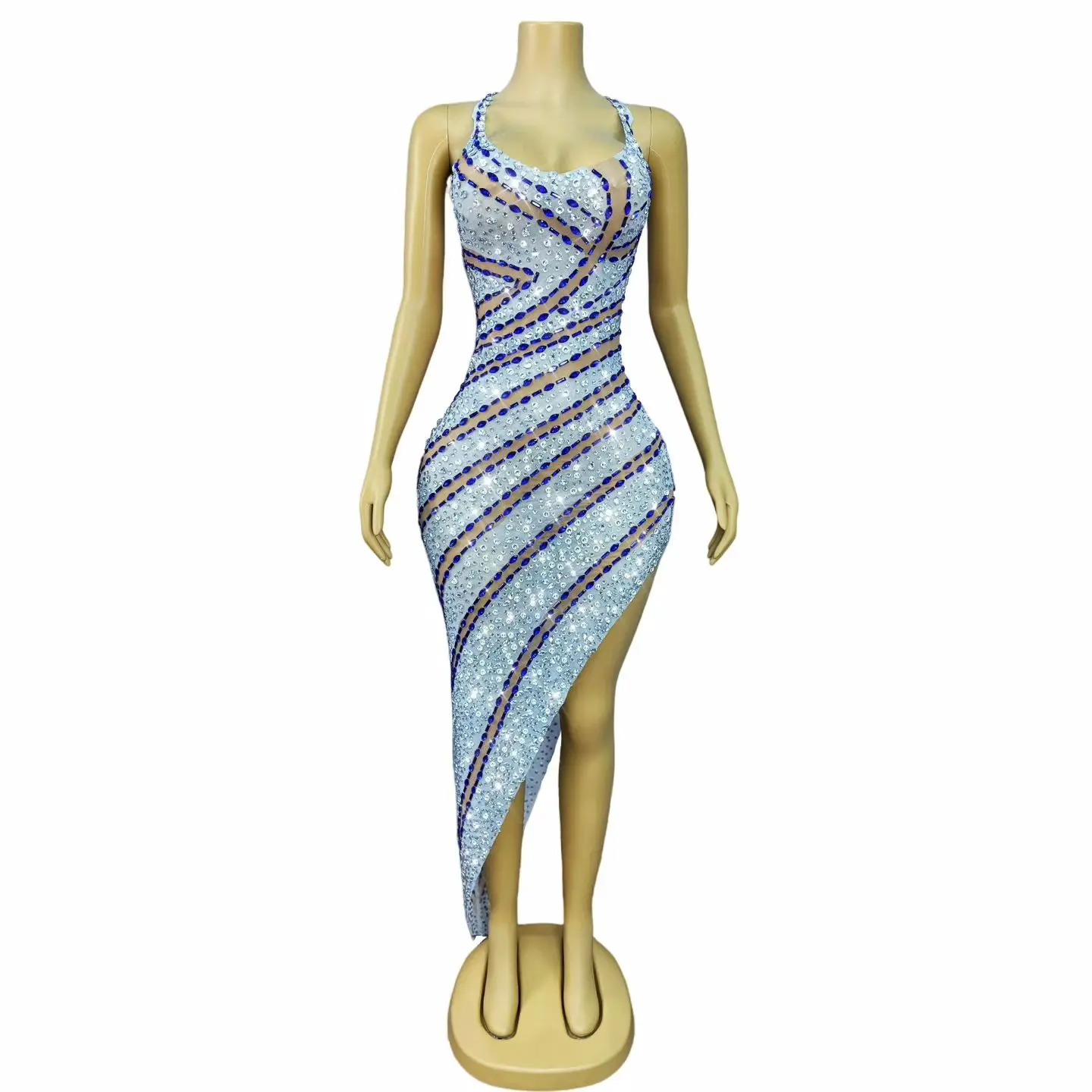 Landai Womens Luxury Blue And Silver Rhinestone Sheer Mesh Halter Neck Asymmetrical Bodycon Mini Dress Party Club Stage Outfit
Landai Womens Luxury Blue And Silver Rhinestone Sheer Mesh Halter Neck Asymmetrical Bodycon Mini Dress Party Club Stage Outfit