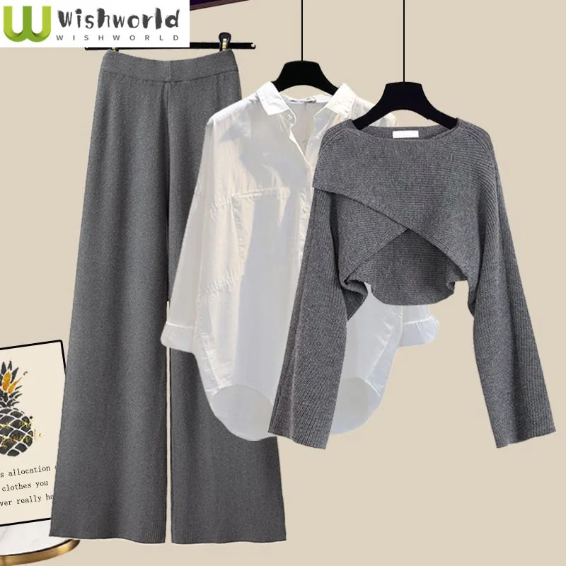 Autumn And Winter Women's Suit Korean New Knitting Sweater Fashion Slim Shirt Casual Wide Leg Pants Three Piece Set
Autumn And Winter Women's Suit Korean New Knitting Sweater Fashion Slim Shirt Casual Wide Leg Pants Three Piece Set