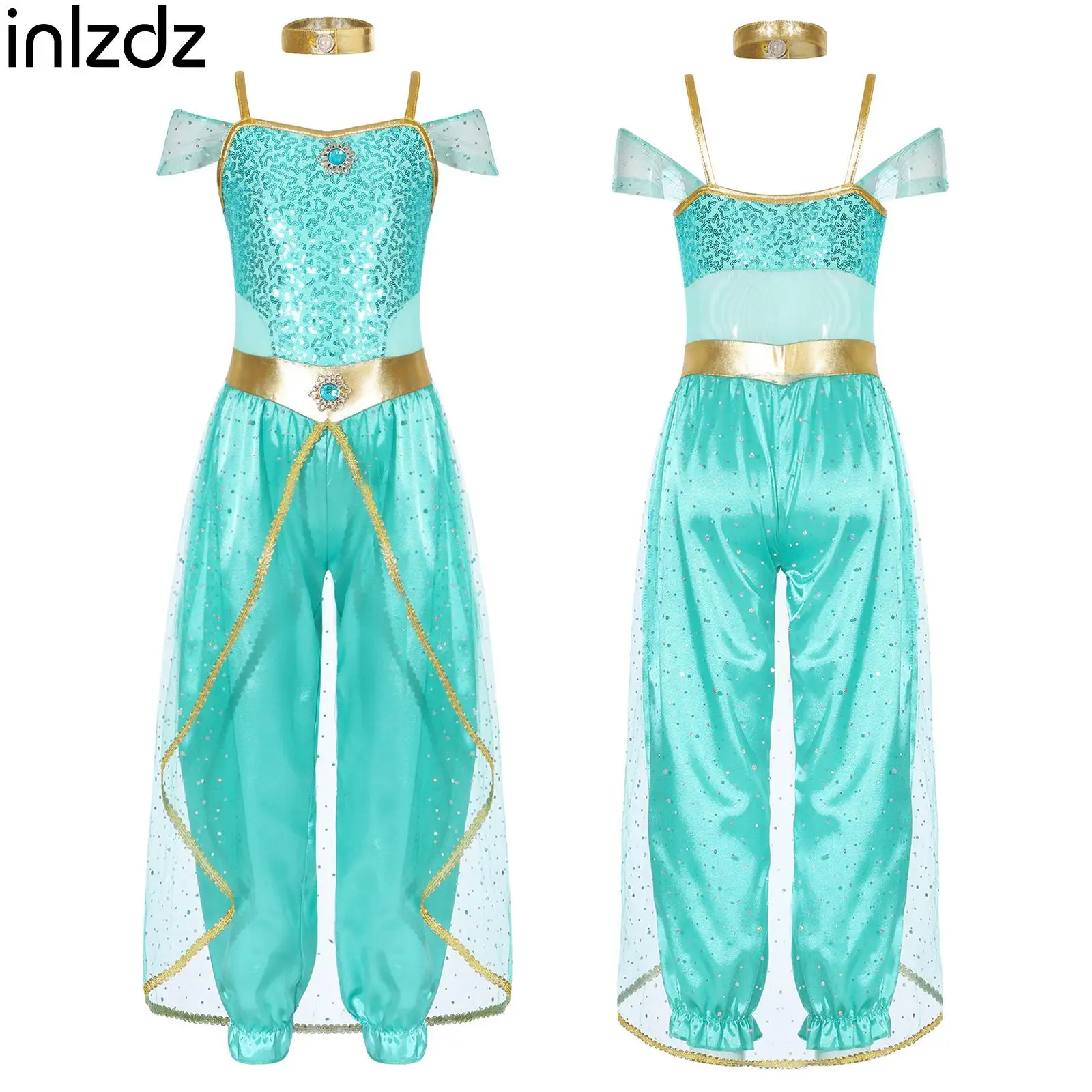 Girls Shiny Sequins Gem Jumpsuit Arabian Princess Costumes Halloween Party Cosplay Jasmine Costume Sleeveless Belly Dance Wear 
Girls Shiny Sequins Gem Jumpsuit Arabian Princess Costumes Halloween Party Cosplay Jasmine Costume Sleeveless Belly Dance Wear