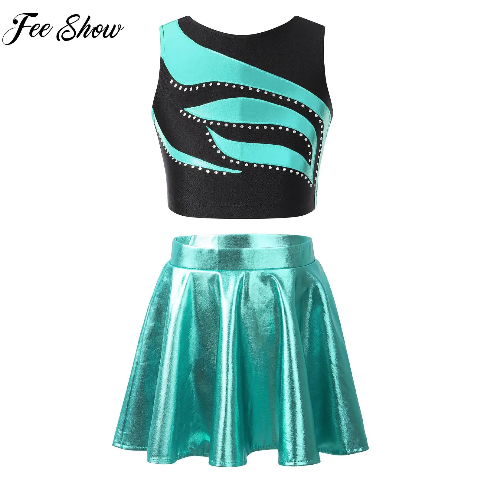Kids Girls Sport Suit Dance Outfit Sleeveless Shiny Rhinestone Crop Top with Glossy Metallic Flared Ruffled A-Line Skort Skirt
Kids Girls Sport Suit Dance Outfit Sleeveless Shiny Rhinestone Crop Top with Glossy Metallic Flared Ruffled A-Line Skort Skirt