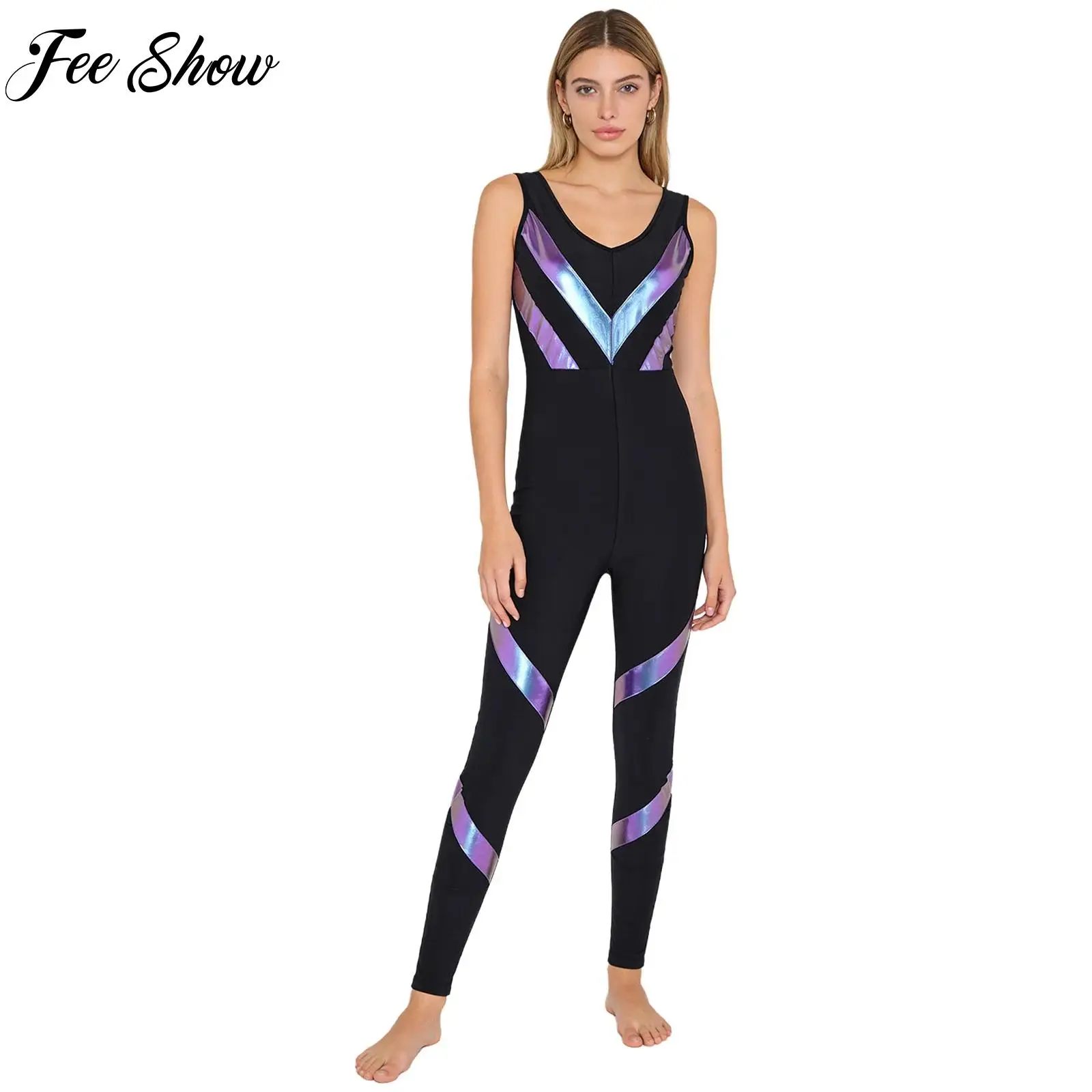Women Metallic Stripe Yoga Jumpsuit Color Block Patchwork Workout Bodysuit V Neck Sleeveless Full Body Dance Leotard
Women Metallic Stripe Yoga Jumpsuit Color Block Patchwork Workout Bodysuit V Neck Sleeveless Full Body Dance Leotard