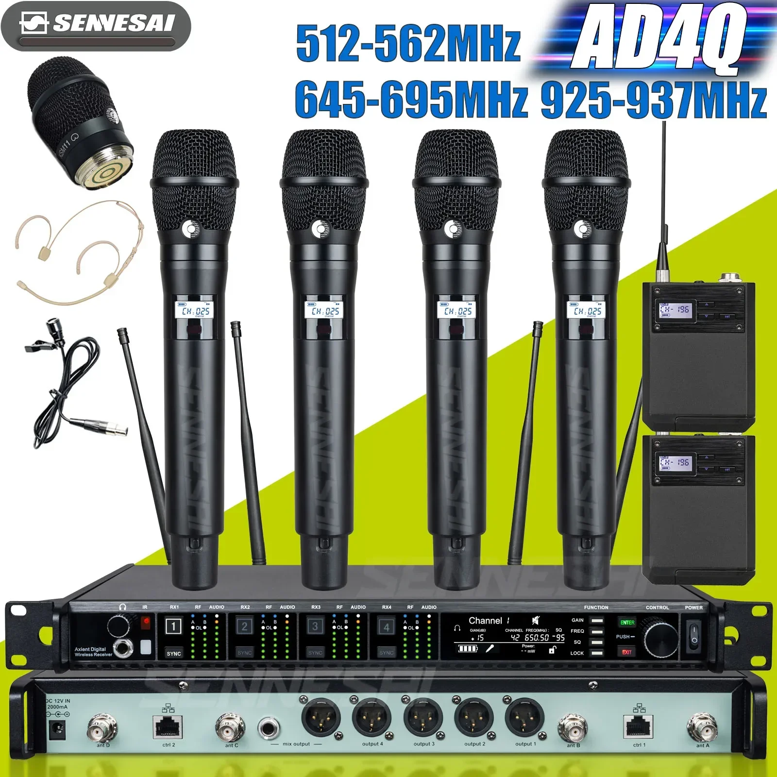 SENNESAI AD4Q KSM11 Professional Wireless Microphone Radio System 4-Channel Microfone Headset Mic Lavalier Microfono For Stage
SENNESAI AD4Q KSM11 Professional Wireless Microphone Radio System 4-Channel Microfone Headset Mic Lavalier Microfono For Stage