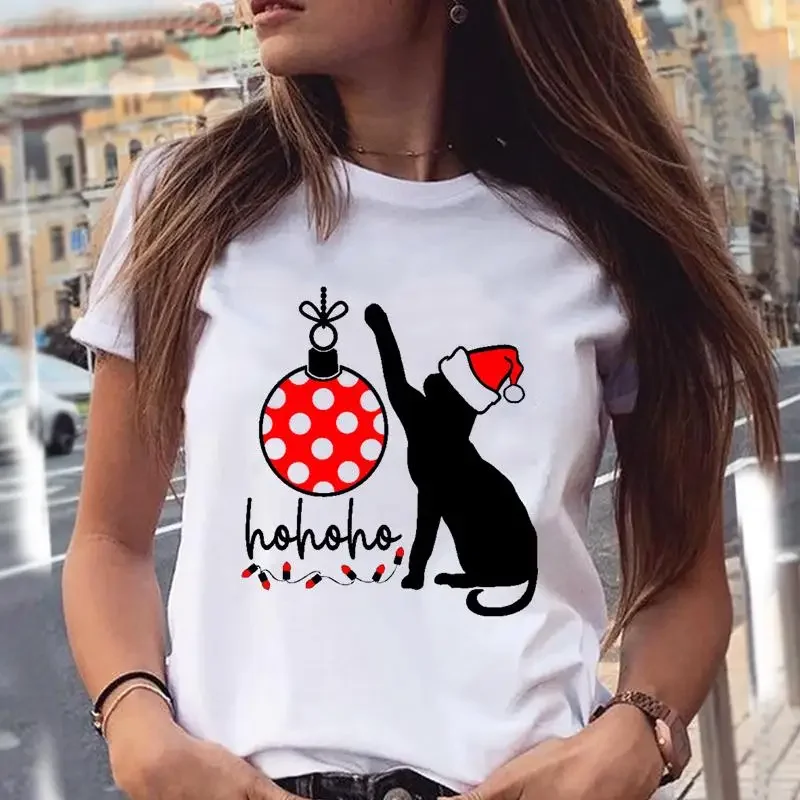 Новогодняя футболка с изображением кошки и милых животных, модная женская одежда с рисунком на Рождество, праздничная графическая футболка для женщин 
Новогодняя футболка с изображением кошки и милых животных, модная женская одежда с рисунком на Рождество, праздничная графическая футболка для женщин