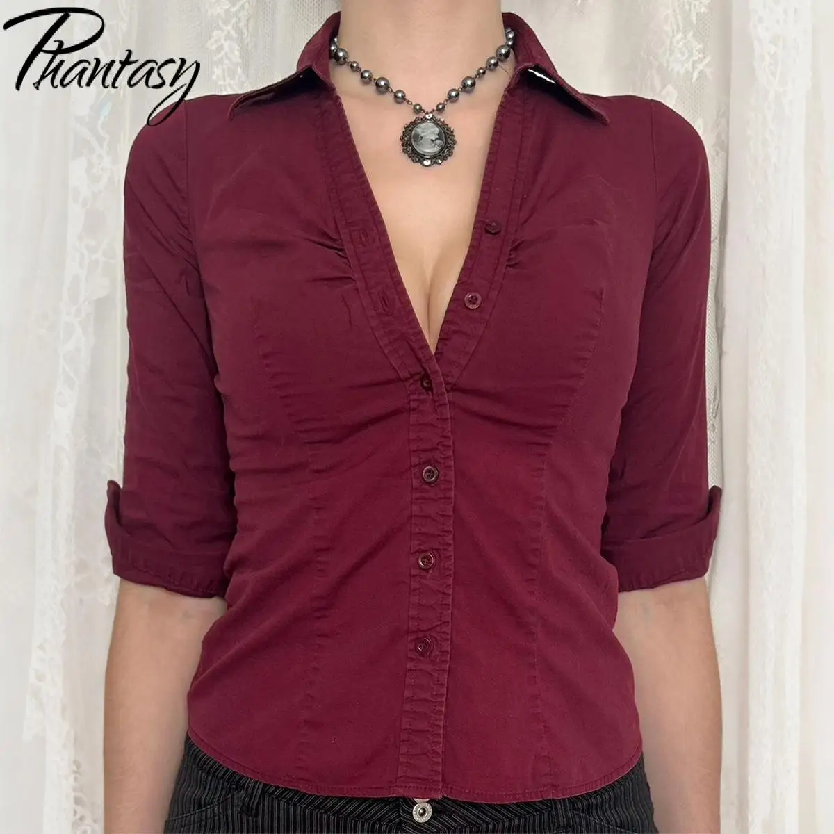 Phantasy Y2K Блузка с отложным воротником и длинными рукавами, однотонная приталенная сексуальная плиссированная рубашка с короткими рукавами и v-образным вырезом на талии 
Phantasy Y2K Блузка с отложным воротником и длинными рукавами, однотонная приталенная сексуальная плиссированная рубашка с короткими рукавами и v-образным вырезом на талии
