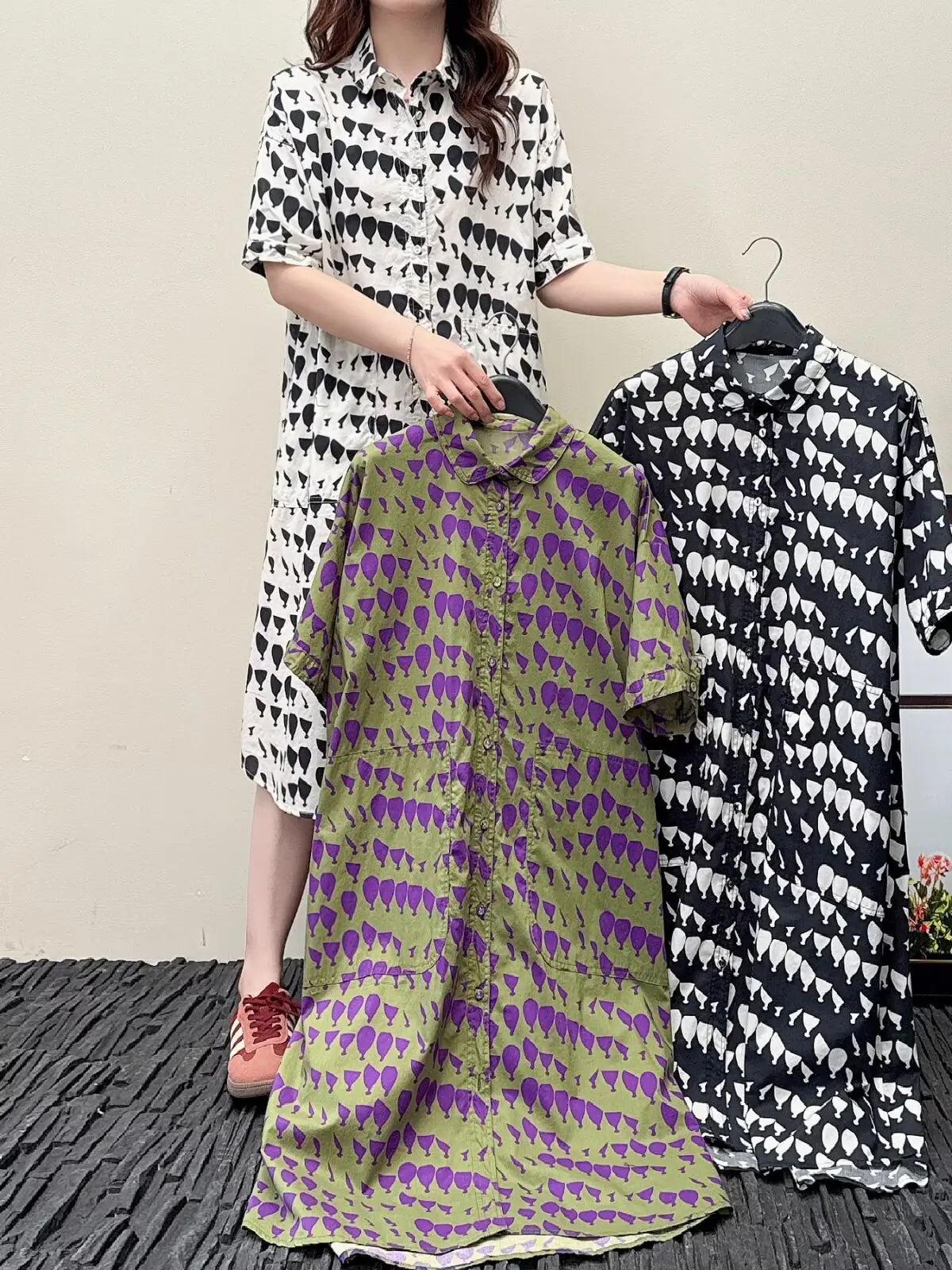 Summer dresses 2025 Japan harajuku fashion 100% cotton short sleeve green black white geometric pattern shirt dress
Summer dresses 2025 Japan harajuku fashion 100% cotton short sleeve green black white geometric pattern shirt dress