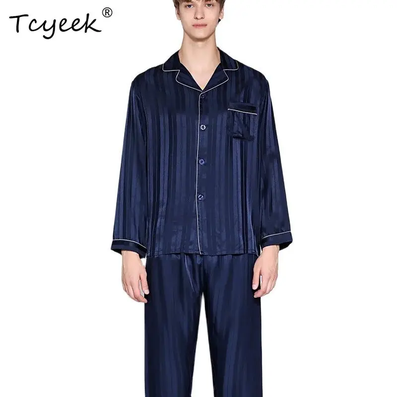Tcyeek 100%Mulberry Silk Pajamas Sets Men Homewear Male Casual Striped Long Sleeve Loungewear Pant 2Piece Sleepwear S3N845QM
Tcyeek 100%Mulberry Silk Pajamas Sets Men Homewear Male Casual Striped Long Sleeve Loungewear Pant 2Piece Sleepwear S3N845QM