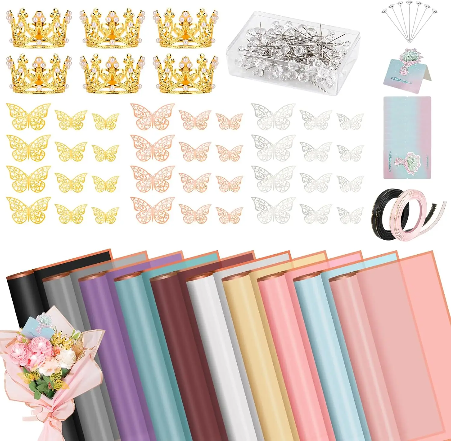209 Pcs Flower Bouquet Wrapping Paper Kit - Waterproof Floral Wrap with Butterfly Decor, Crowns, Ribbons, Pins, Glue for DIY (10 Colors)
209 Pcs Flower Bouquet Wrapping Paper Kit - Waterproof Floral Wrap with Butterfly Decor, Crowns, Ribbons, Pins, Glue for DIY (10 Colors)