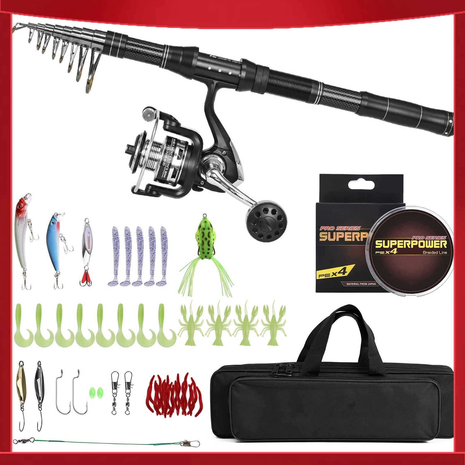 Fishing Rod and Reel Combo Portable Fishing Rod With Fishing Line Lures Carry Bag
Fishing Rod and Reel Combo Portable Fishing Rod With Fishing Line Lures Carry Bag