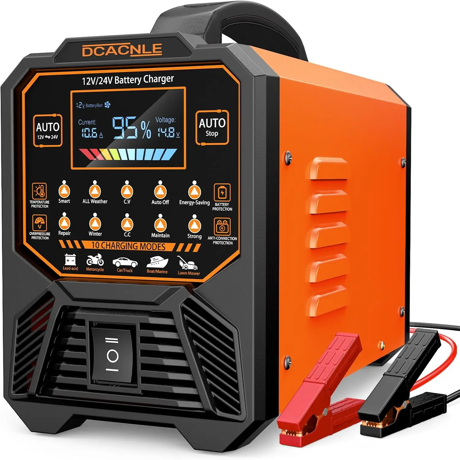 Heavy Duty 12V/24V Portable Smart Battery Charger Maintainer for AGM Lead Acid Batteries in Auto Motorcycle Truck RV
Heavy Duty 12V/24V Portable Smart Battery Charger Maintainer for AGM Lead Acid Batteries in Auto Motorcycle Truck RV