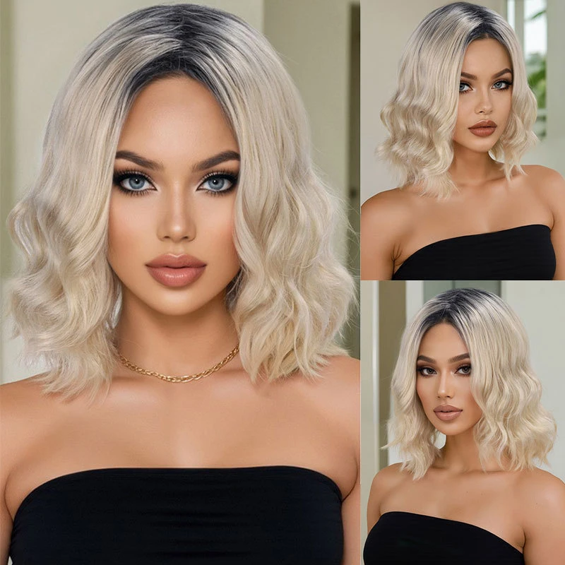 New European and American fashion platinum-blonde short curly synthetic fiber machine-woven full wig with brown highlights at th
New European and American fashion platinum-blonde short curly synthetic fiber machine-woven full wig with brown highlights at th