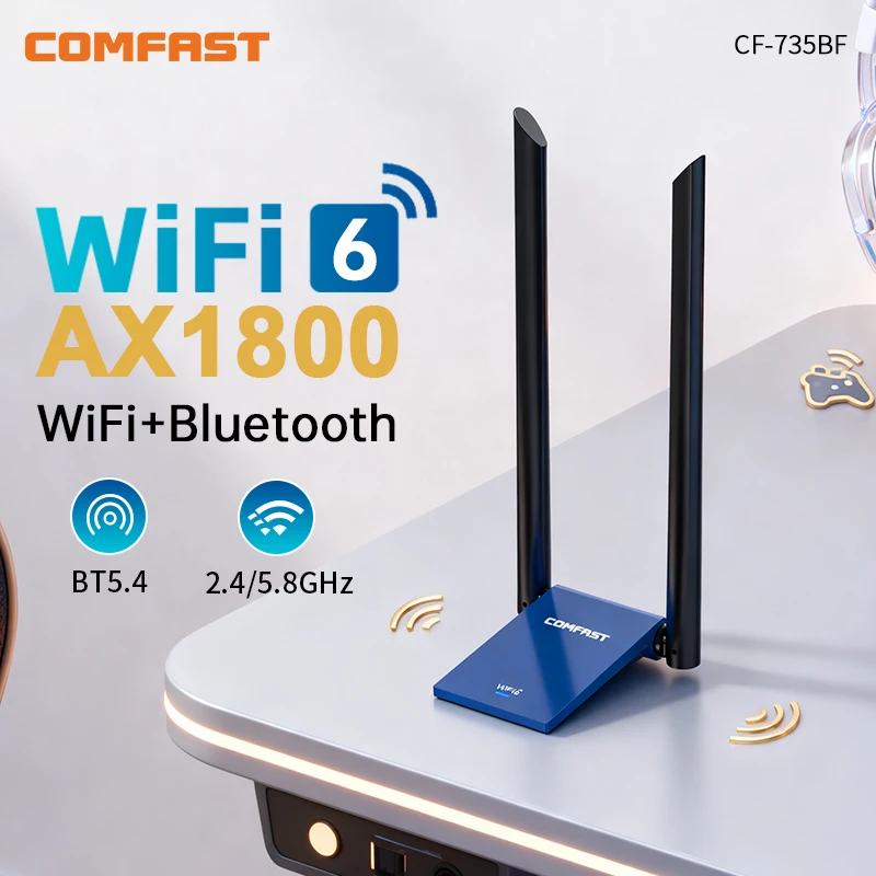 COMFAST CF-735BF AX1800 WiFi6 BT5.4 USB3.0 Wireless Adapter Dual Band 2.4G+5.8G WiFi Receiver AP Transmitter for Desktop Laptop
COMFAST CF-735BF AX1800 WiFi6 BT5.4 USB3.0 Wireless Adapter Dual Band 2.4G+5.8G WiFi Receiver AP Transmitter for Desktop Laptop