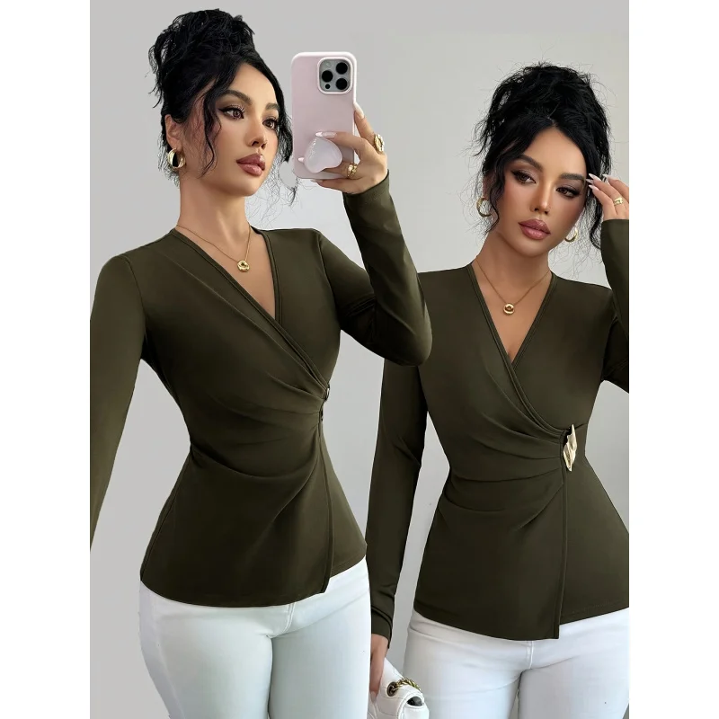Women Wrap Decor Long Sleeve Top, Ruched Waist Casual Solid Color Elegant
Women Wrap Decor Long Sleeve Top, Ruched Waist Casual Solid Color Elegant