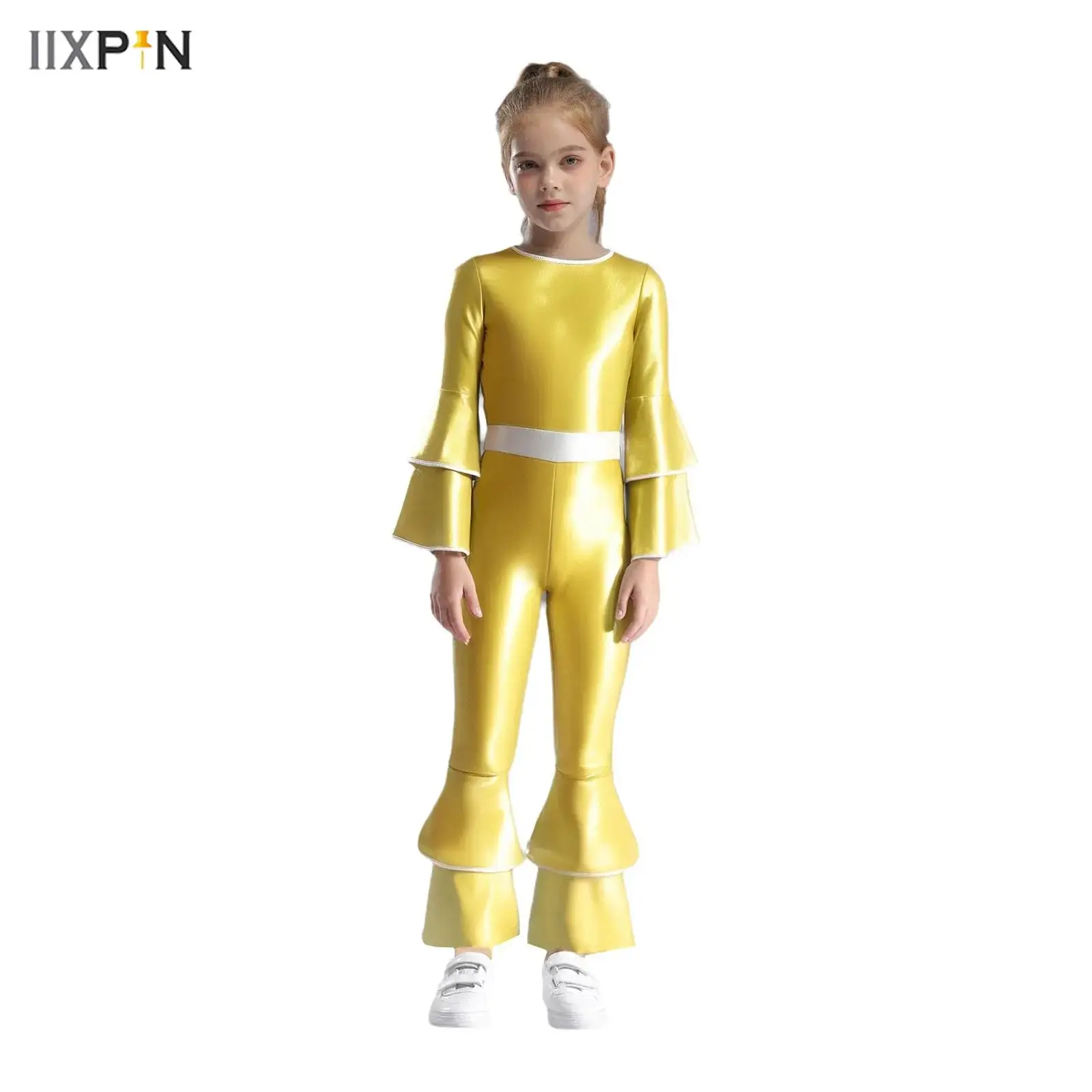 Girls Shiny Metallic 70s 80s Disco Dance Costume Long Sleeves High Waist Tiered Flared Jumpsuit for Party Jazz Dance Performance 
Girls Shiny Metallic 70s 80s Disco Dance Costume Long Sleeves High Waist Tiered Flared Jumpsuit for Party Jazz Dance Performance