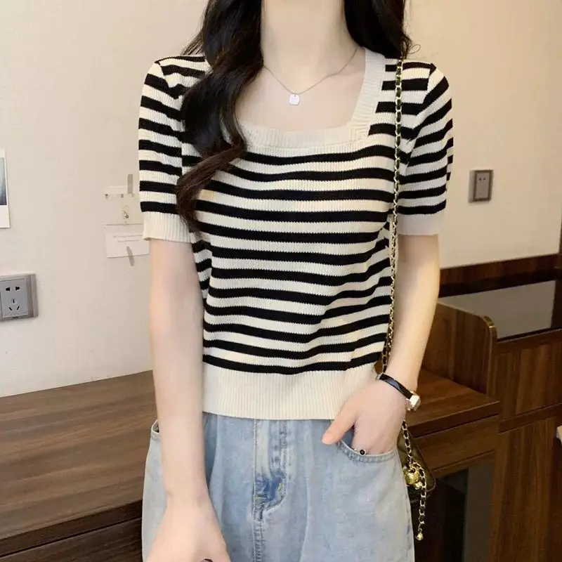 Female New Striped Print Short Sleeve T-Shirt Ladies Women's Decoration Top Bottoming Shirt T-Shirt for Female Tops Shirt Q468
Female New Striped Print Short Sleeve T-Shirt Ladies Women's Decoration Top Bottoming Shirt T-Shirt for Female Tops Shirt Q468