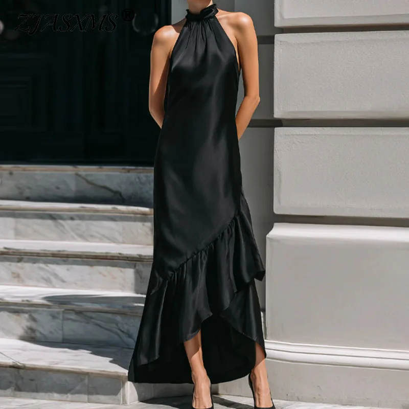 Elegant Black Satin Halter Maxi Dress Women's Asymmetrical Ruffles Hem Party Dresses Spring Summer Backless Hollow Cocktail Robe
Elegant Black Satin Halter Maxi Dress Women's Asymmetrical Ruffles Hem Party Dresses Spring Summer Backless Hollow Cocktail Robe