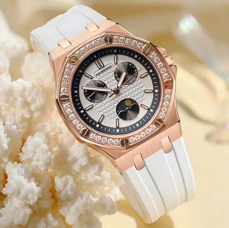 Hanbro Women Quartz Watch 37mm Ladies Wristwatch Luminous Waterproof Sapphire Mirror Silicone Strap Week Date Sun-Moon
Hanbro Women Quartz Watch 37mm Ladies Wristwatch Luminous Waterproof Sapphire Mirror Silicone Strap Week Date Sun-Moon