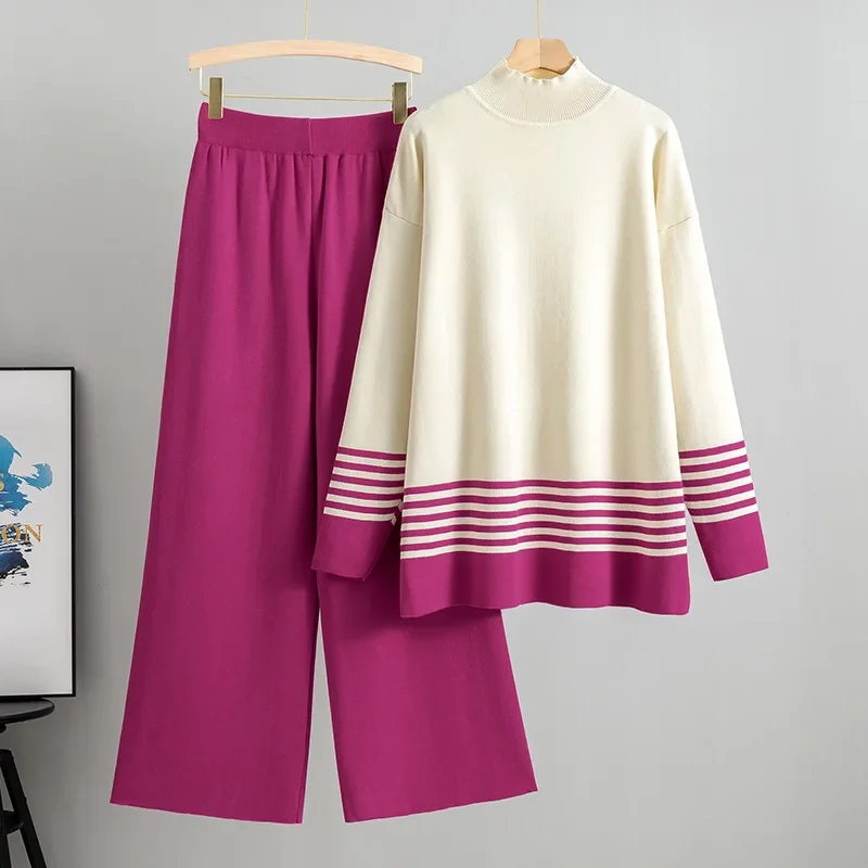 Fashion Knitted 2 Piece Sets for Women Half Turtleneck Color Contrast Sweater and Solid Color Elastic Waist Wide Leg Pants Suit
Fashion Knitted 2 Piece Sets for Women Half Turtleneck Color Contrast Sweater and Solid Color Elastic Waist Wide Leg Pants Suit
