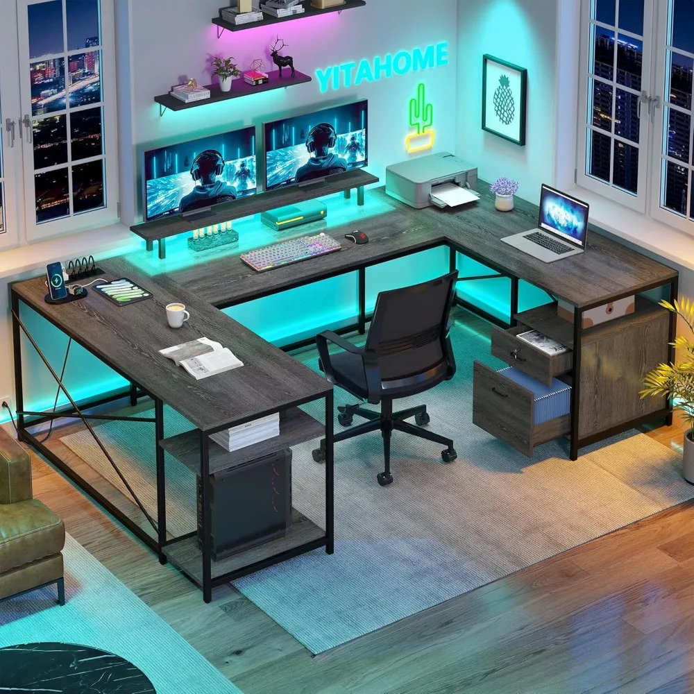 U Shaped Desk with Power Outlets & LED Lights, Reversible L Shaped Desk with Drawers, Corner Computer Desk Office
U Shaped Desk with Power Outlets & LED Lights, Reversible L Shaped Desk with Drawers, Corner Computer Desk Office
