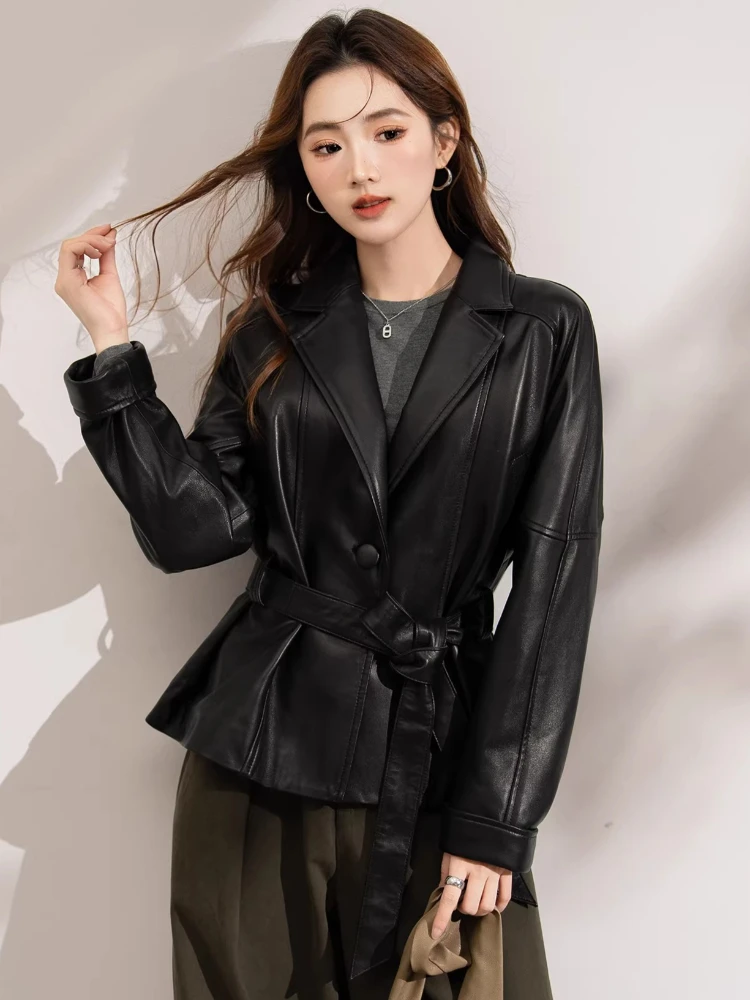 Casual Short Genuine Leather Blazer Jackets for Women Spring Autumn High-end Simple Soft Black Real Sheepskin Coat with Belt
Casual Short Genuine Leather Blazer Jackets for Women Spring Autumn High-end Simple Soft Black Real Sheepskin Coat with Belt