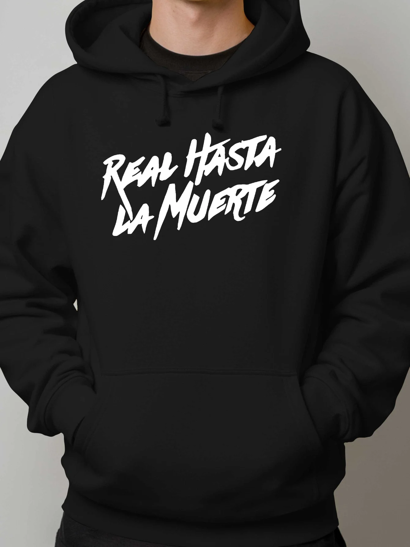 Men's Spanish "Real Hasta Muerte" hooded sweatshirt - Extra large, loose fit with white letters, Mexican style streetwear
Men's Spanish "Real Hasta Muerte" hooded sweatshirt - Extra large, loose fit with white letters, Mexican style streetwear