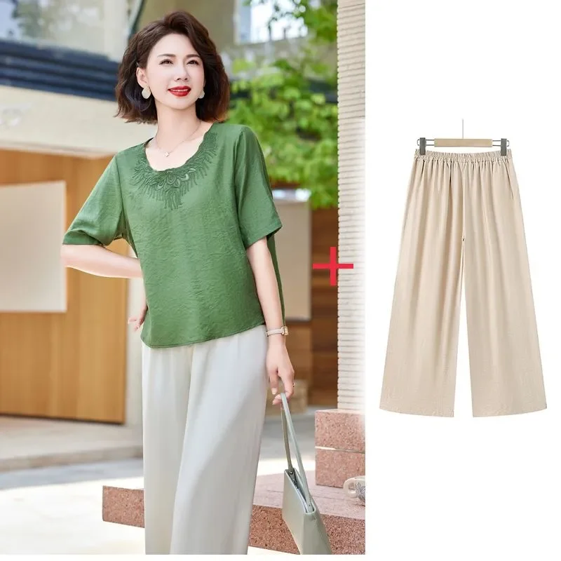 Womens Green Half Sleeve Blouse With Embroidery Detail And Beige Wide Leg Pants Two Piece Set
Womens Green Half Sleeve Blouse With Embroidery Detail And Beige Wide Leg Pants Two Piece Set