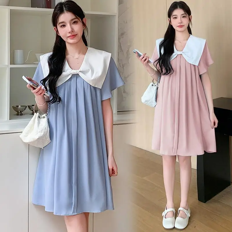 Navy Collar Pregnant Women Short Dress Loose Summer Short Sleeve Maternity Pleated Dress Sweet Pregnancy Chiffon Dress Blue Pink
Navy Collar Pregnant Women Short Dress Loose Summer Short Sleeve Maternity Pleated Dress Sweet Pregnancy Chiffon Dress Blue Pink