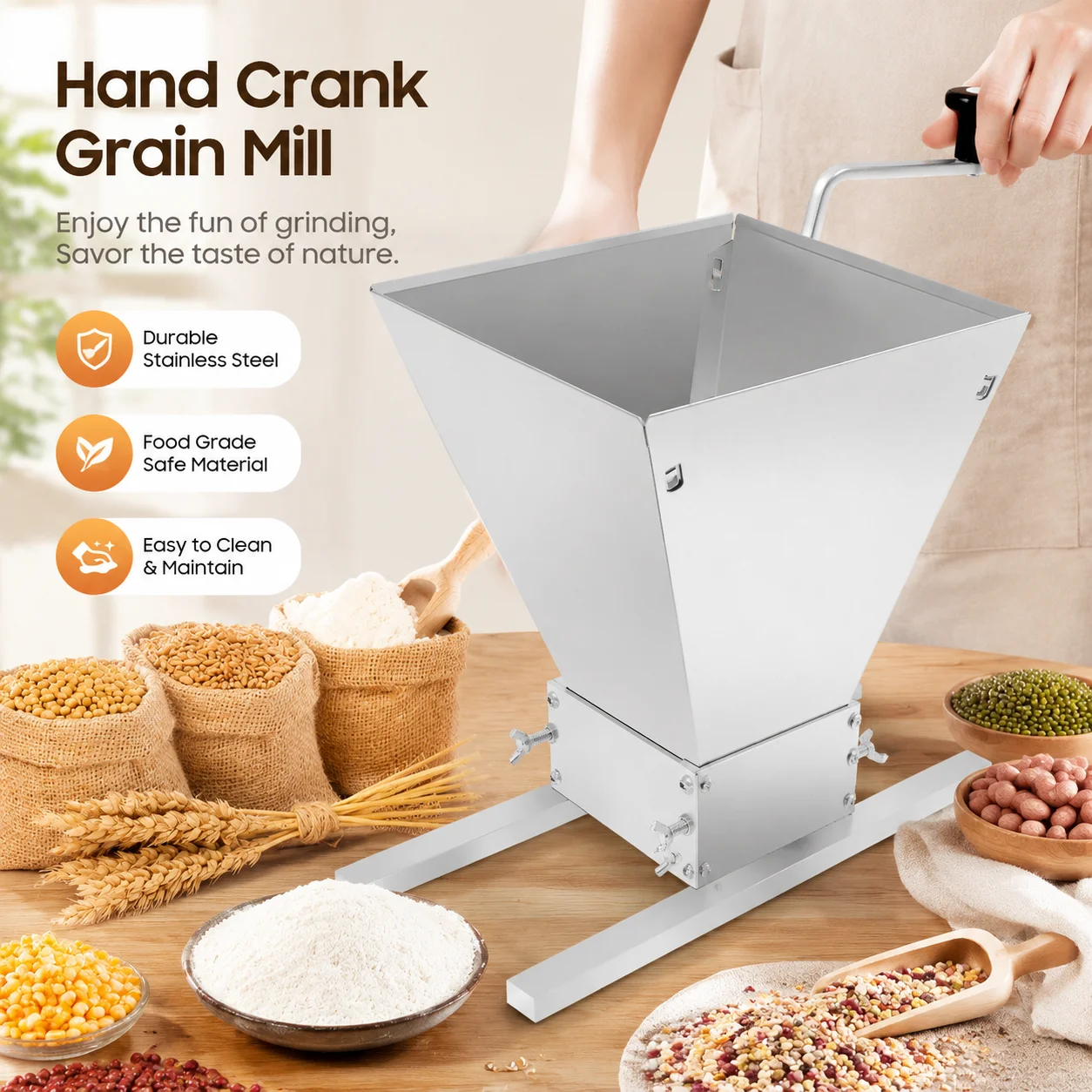Silver Premium Grain Mill Grinder Bucket Mounted Manual Hand Crank & Electric Drill Dual Mode 4L 0.2mm Fineness 0-2.5mm Adjustable Rollers Carbon Steel Stainless Steel Aluminum for Home Grains Corn Wheat Coffee Grinding
Silver Premium Grain Mill Grinder Bucket Mounted Manual Hand Crank & Electric Drill Dual Mode 4L 0.2mm Fineness 0-2.5mm Adjustable Rollers Carbon Steel Stainless Steel Aluminum for Home Grains Corn Wheat Coffee Grinding