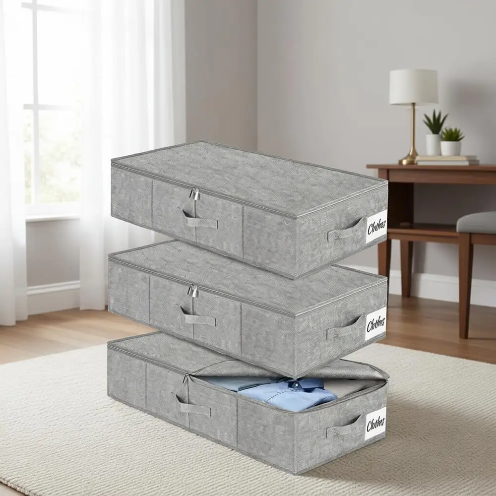 Collapsible Underbed Storage Bins 3-Pack, Thick Fabric Organizers for Clothes, Dual Zippered Boxes, 30x16x6.7
Collapsible Underbed Storage Bins 3-Pack, Thick Fabric Organizers for Clothes, Dual Zippered Boxes, 30x16x6.7