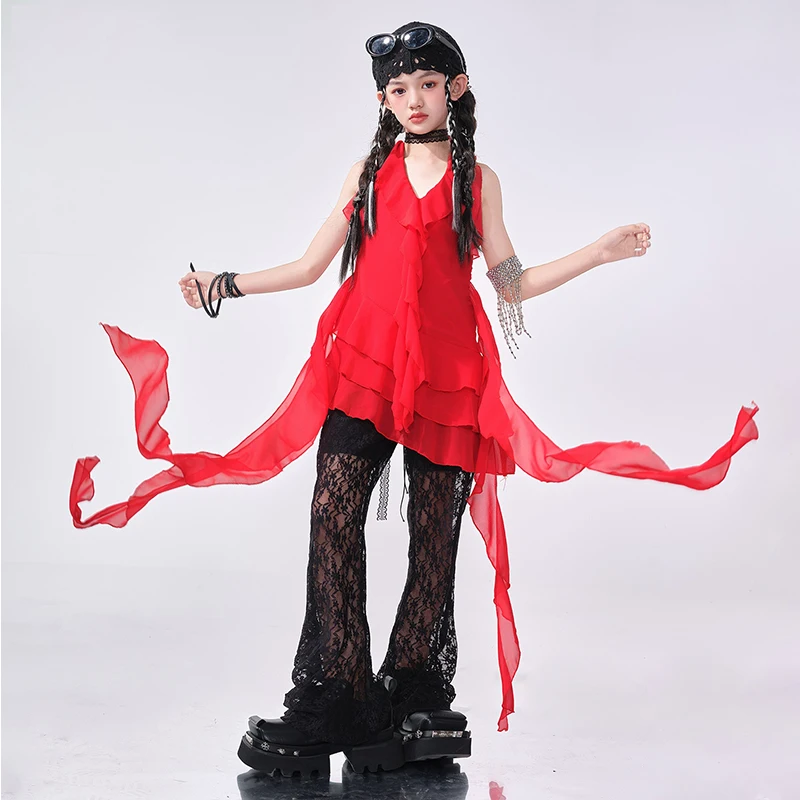 Summer Jazz Dance Performance Costume Girl Group Kpop Stage Show Outfit Red Top Mesh Pants Kids Fashion Street Dancewear AMY2182
Summer Jazz Dance Performance Costume Girl Group Kpop Stage Show Outfit Red Top Mesh Pants Kids Fashion Street Dancewear AMY2182
