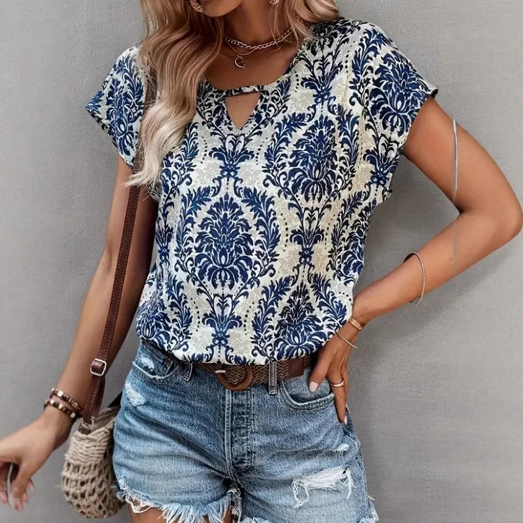 European and American Women's V-neck Hollow Short Sleeve Retro Floral Print Casual Top
European and American Women's V-neck Hollow Short Sleeve Retro Floral Print Casual Top