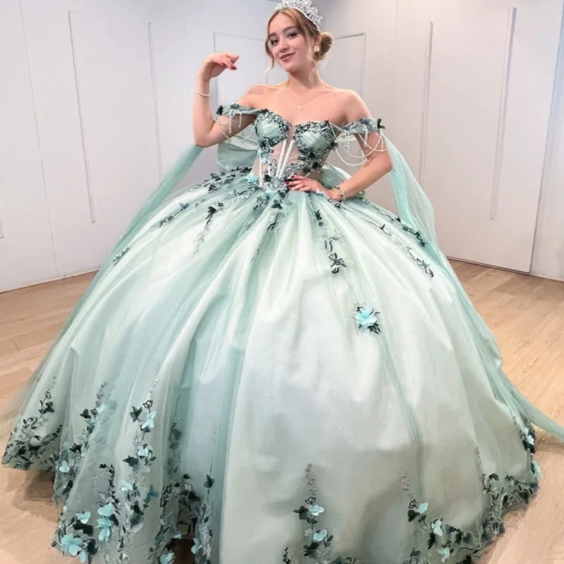 Зеленое блестящее платье Quinceanera, бальное платье с открытыми плечами, милое платье 16, цветочная аппликация, бисер, кристалл, бант, тюль, день рождения
Зеленое блестящее платье Quinceanera, бальное платье с открытыми плечами, милое платье 16, цветочная аппликация, бисер, кристалл, бант, тюль, день рождения