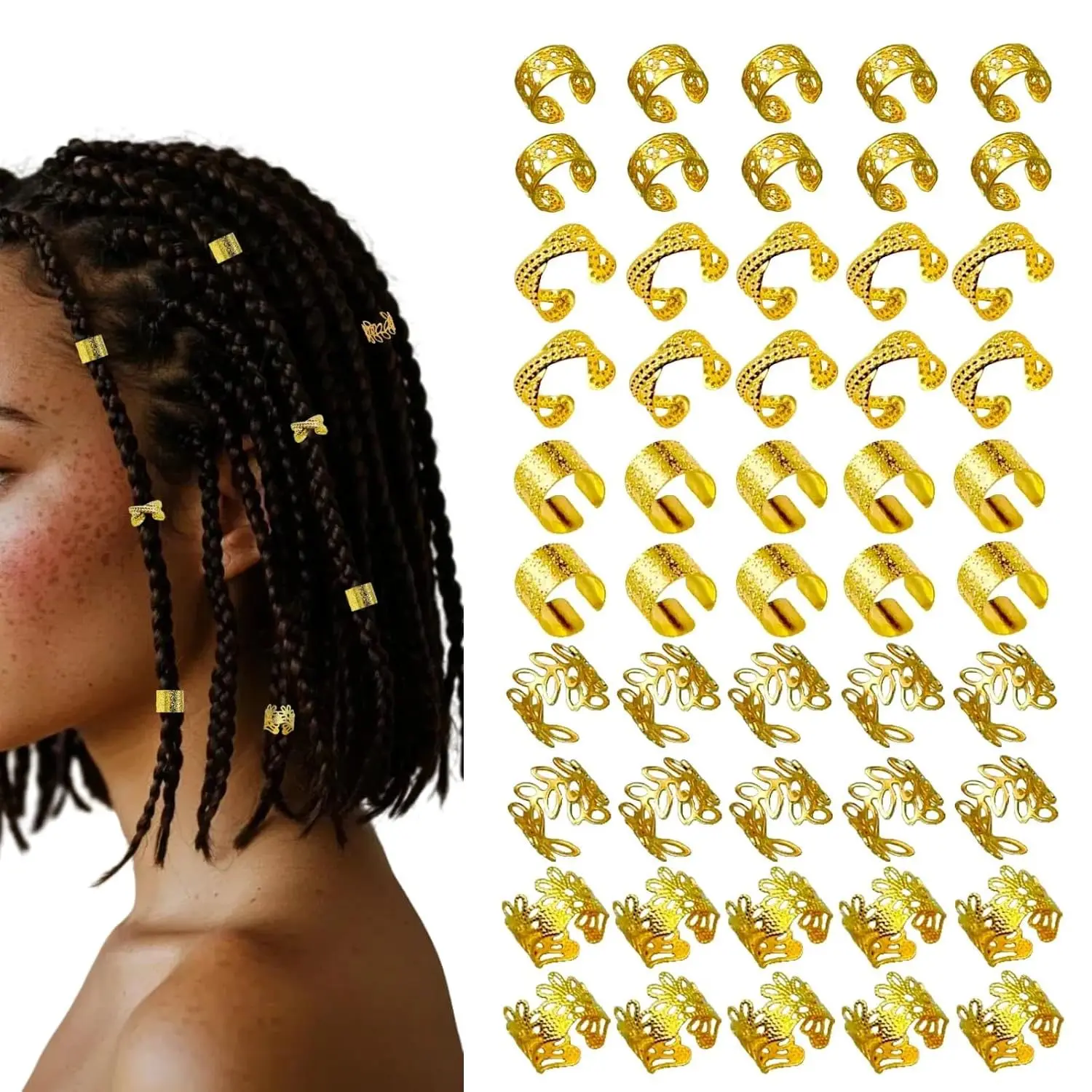 50pcs/bag Gold & Silver Metal Hollow-Out Crown Dreadlocks Wig Hair Extension Hair Rings - Hair Accessory Set
50pcs/bag Gold & Silver Metal Hollow-Out Crown Dreadlocks Wig Hair Extension Hair Rings - Hair Accessory Set