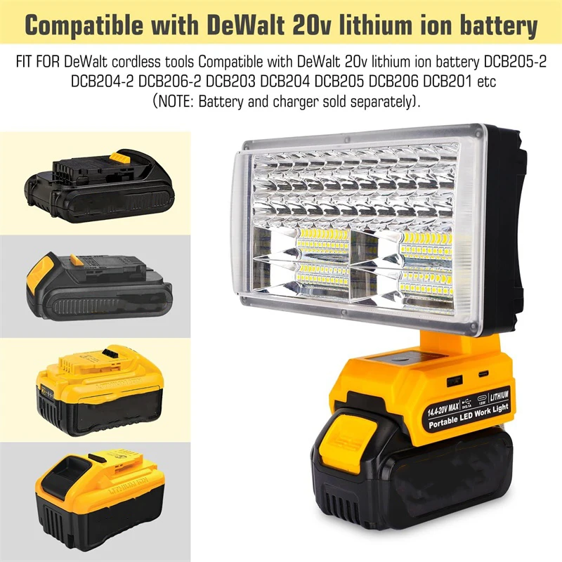 Cordless LED Work Light for Dewalt 20V MAX Li-Ion Battery 40W Jobsite Light 4200LM Spotlight LED Floodlight with USB Port
Cordless LED Work Light for Dewalt 20V MAX Li-Ion Battery 40W Jobsite Light 4200LM Spotlight LED Floodlight with USB Port