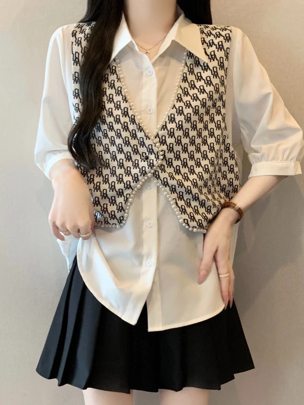 Elegant Beaded Short Sleeve Shirt Women's plus Size Summer New Style Korean Version Collar Open Cardigan Regular Fit
Elegant Beaded Short Sleeve Shirt Women's plus Size Summer New Style Korean Version Collar Open Cardigan Regular Fit