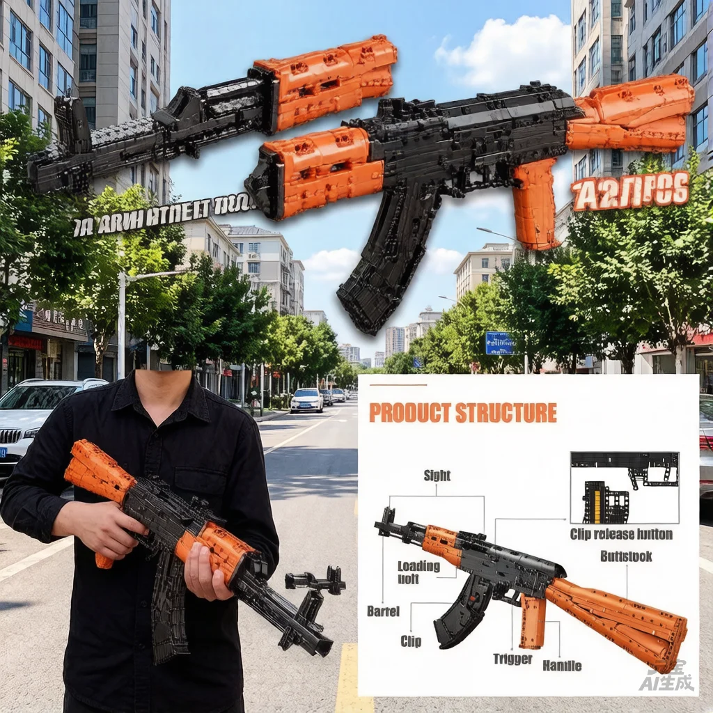 1423pcsMOC AK47 assault rifle model building block brick set AKM weapon model children's toy shooting bullet gun gift.
1423pcsMOC AK47 assault rifle model building block brick set AKM weapon model children's toy shooting bullet gun gift.